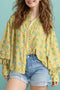Ruffled Balloon Sleeve Printed Button Down Shirt