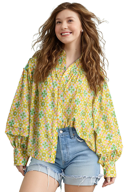 Ruffled Balloon Sleeve Printed Button Down Shirt