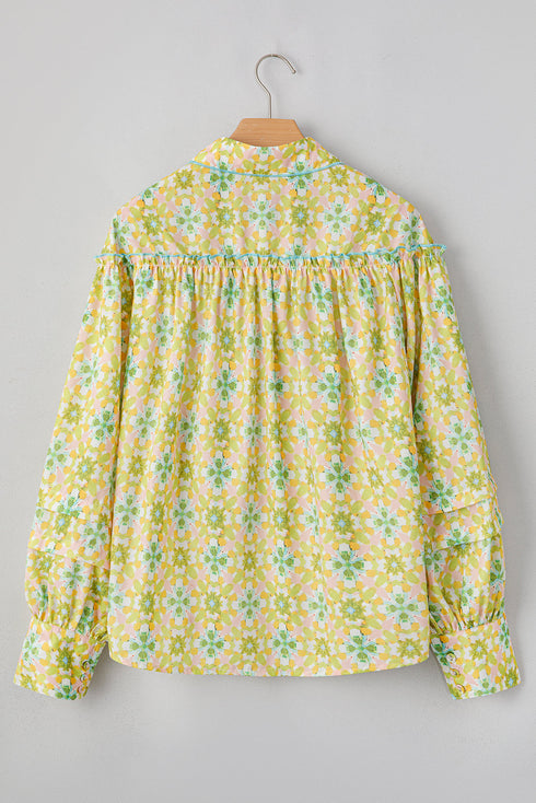 Ruffled Balloon Sleeve Printed Button Down Shirt