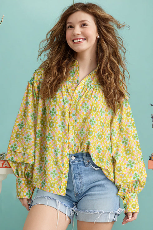 Ruffled Balloon Sleeve Printed Button Down Shirt