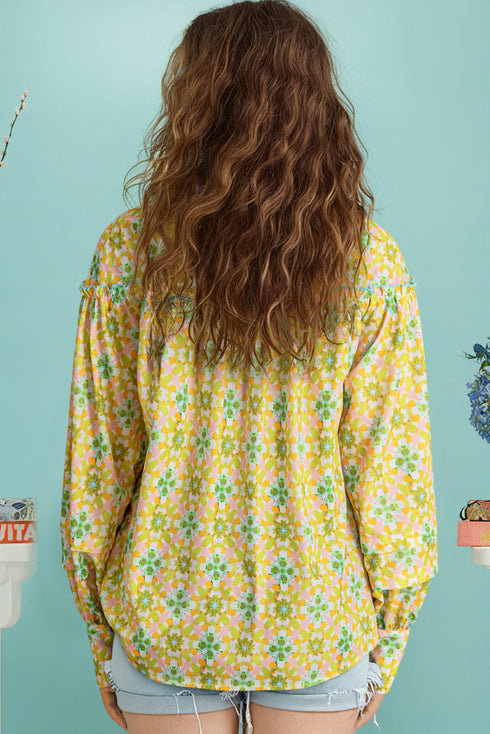 Ruffled Balloon Sleeve Printed Button Down Shirt