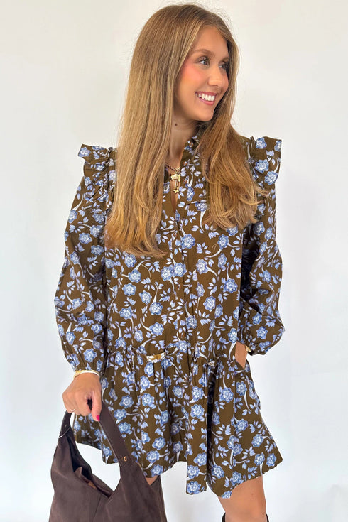Ruffled Button Down Long Sleeve A-Line Floral Dress