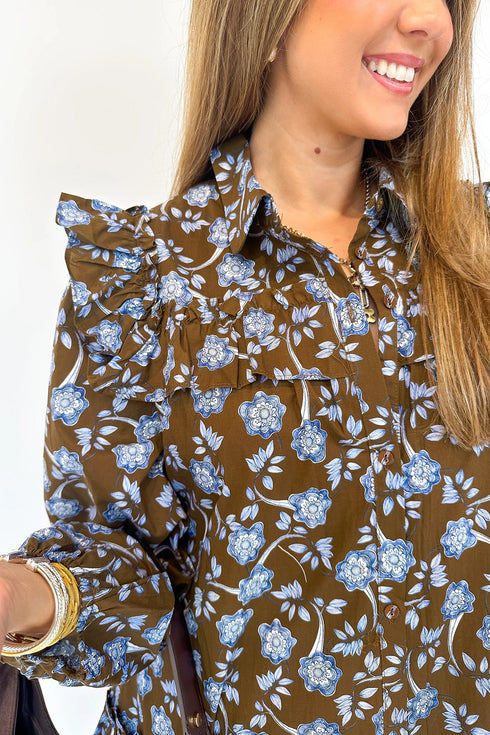 Ruffled Button Down Long Sleeve A-Line Floral Dress