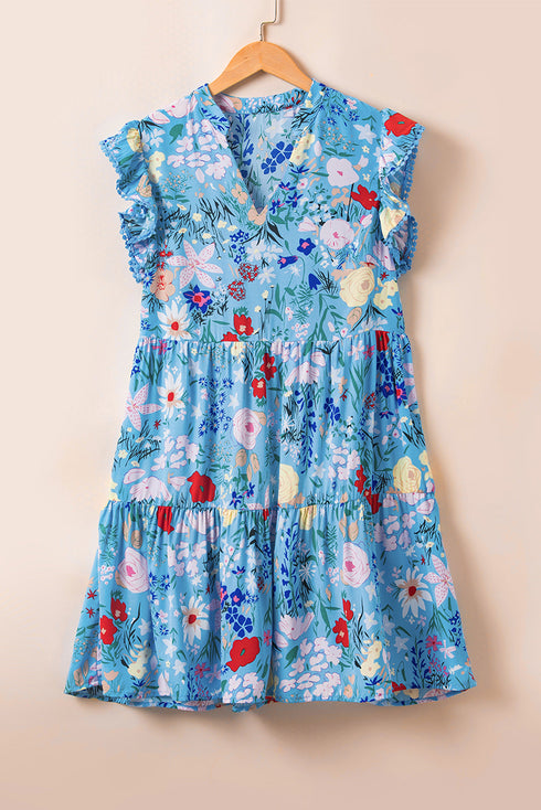 Ruffled Cap Sleeve Tiered Floral Print Dress