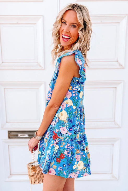 Ruffled Cap Sleeve Tiered Floral Print Dress