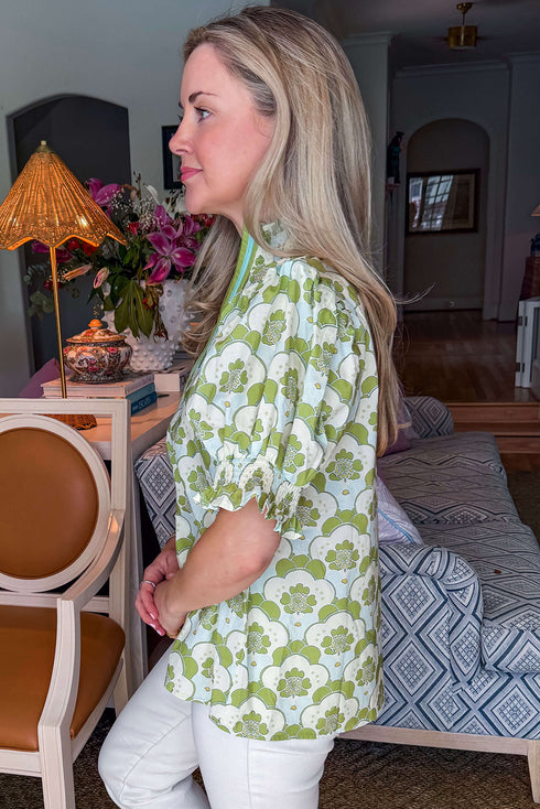 Ruffled Collar Puff Sleeve Floral Print Blouse