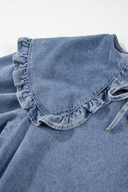 Ruffled Collared Puff Sleeve Denim H Line Mini Dress