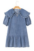 Ruffled Collared Puff Sleeve Denim H Line Mini Dress
