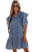 Ruffled Collared Puff Sleeve Denim H Line Mini Dress