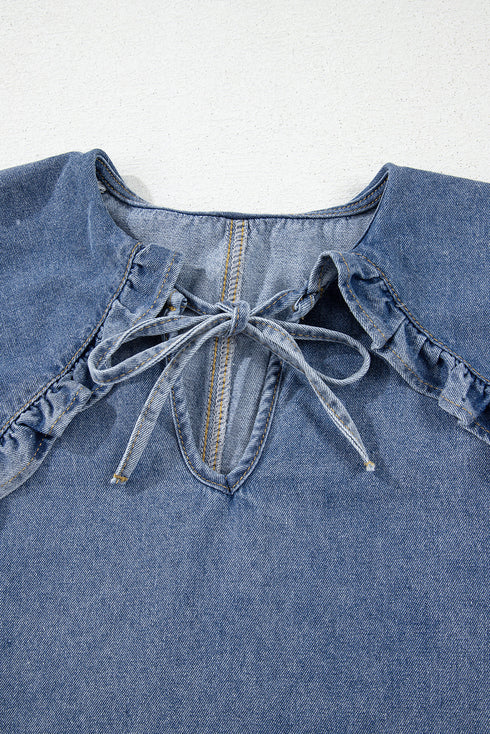 Ruffled Collared Puff Sleeve Denim H Line Mini Dress