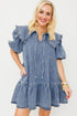 Ruffled Collared Puff Sleeve Denim H Line Mini Dress
