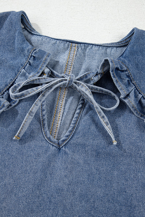 Ruffled Collared Puff Sleeve Denim H Line Mini Dress