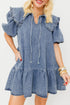 Ruffled Collared Puff Sleeve Denim H Line Mini Dress