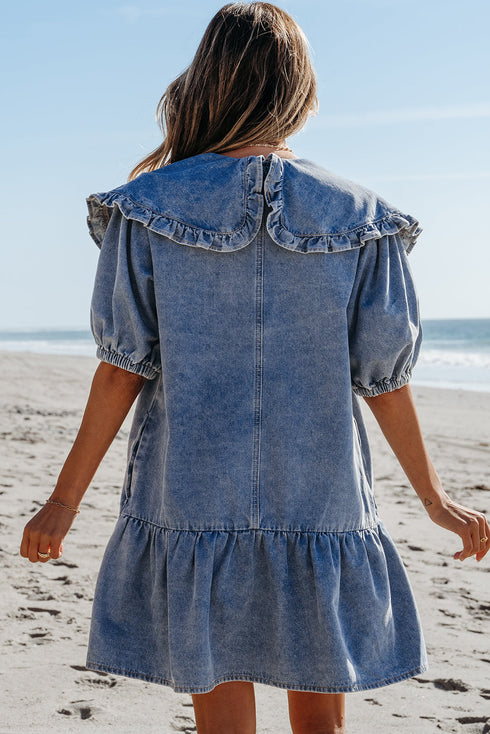 Ruffled Collared Puff Sleeve Denim H Line Mini Dress