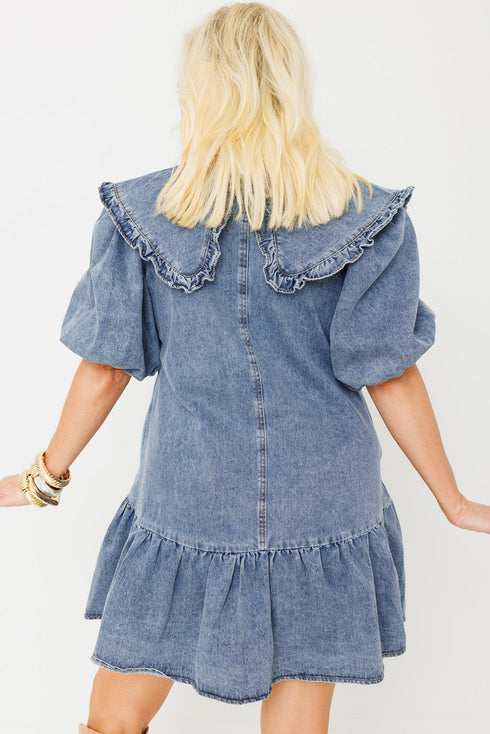 Ruffled Collared Puff Sleeve Denim H Line Mini Dress