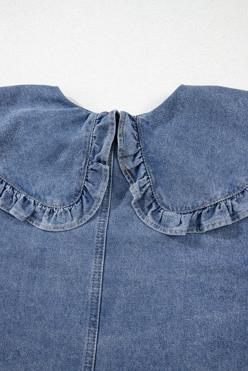 Ruffled Collared Puff Sleeve Denim H Line Mini Dress