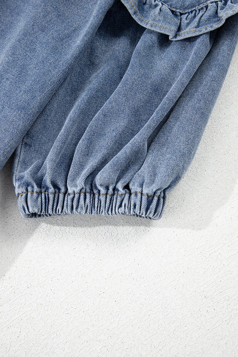 Ruffled Collared Puff Sleeve Denim H Line Mini Dress