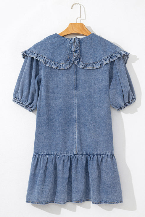 Ruffled Collared Puff Sleeve Denim H Line Mini Dress