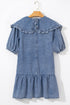 Ruffled Collared Puff Sleeve Denim H Line Mini Dress