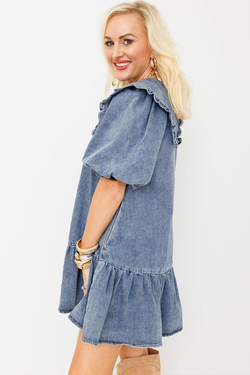 Ruffled Collared Puff Sleeve Denim H Line Mini Dress