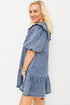Ruffled Collared Puff Sleeve Denim H Line Mini Dress