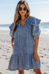Ruffled Collared Puff Sleeve Denim H Line Mini Dress