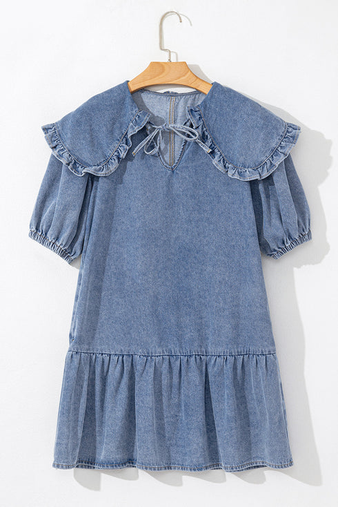 Ruffled Collared Puff Sleeve Denim H Line Mini Dress