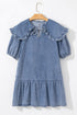 Ruffled Collared Puff Sleeve Denim H Line Mini Dress