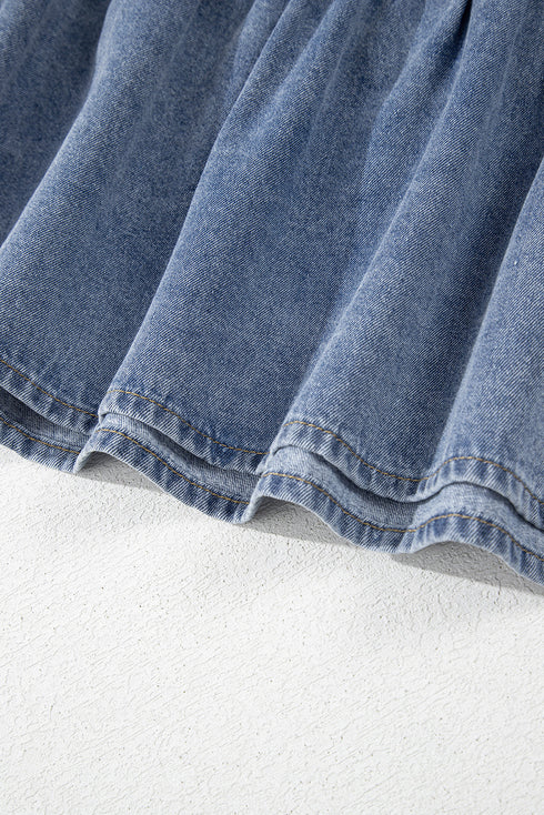 Ruffled Collared Puff Sleeve Denim H Line Mini Dress