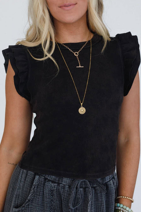Ruffled Crew Neck Slim Fit Cotton Blend Shirt