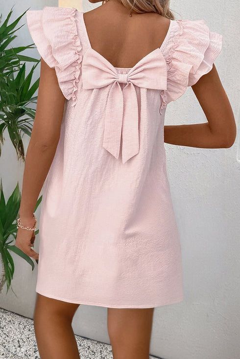 Ruffled Flutter Sleeve Statement Bow Back Square Neck Mini Dress
