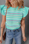 Ruffled Flutter Sleeve Striped Pointelle Knit Top