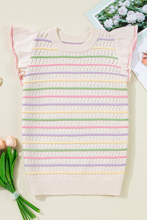 Ruffled Flutter Sleeve Striped Pointelle Knit Top
