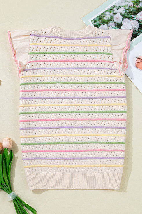 Ruffled Flutter Sleeve Striped Pointelle Knit Top