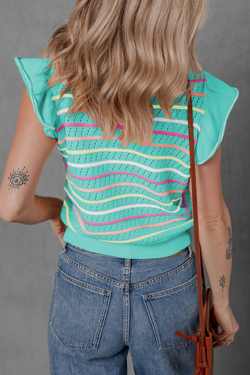 Ruffled Flutter Sleeve Striped Pointelle Knit Top