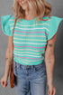 Ruffled Flutter Sleeve Striped Pointelle Knit Top