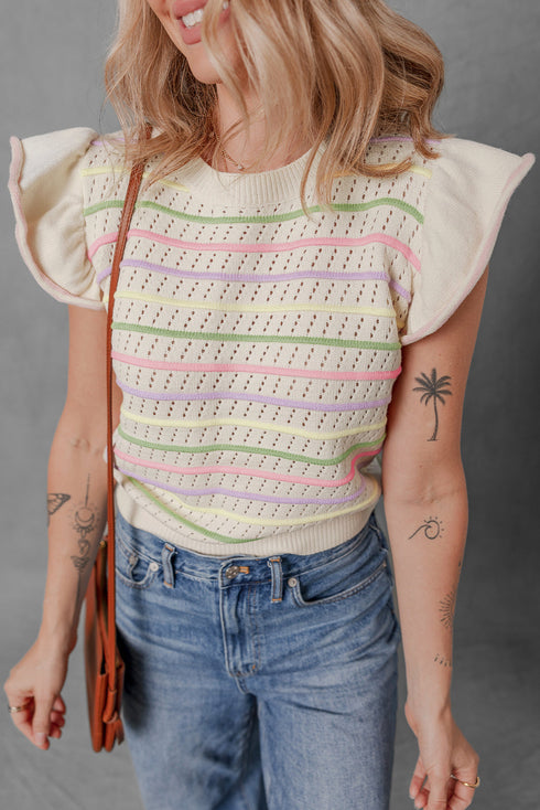 Ruffled Flutter Sleeve Striped Pointelle Knit Top