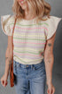 Ruffled Flutter Sleeve Striped Pointelle Knit Top
