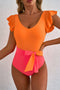 Ruffled Flutter Sleeve Tie Waist One Piece Swimsuit
