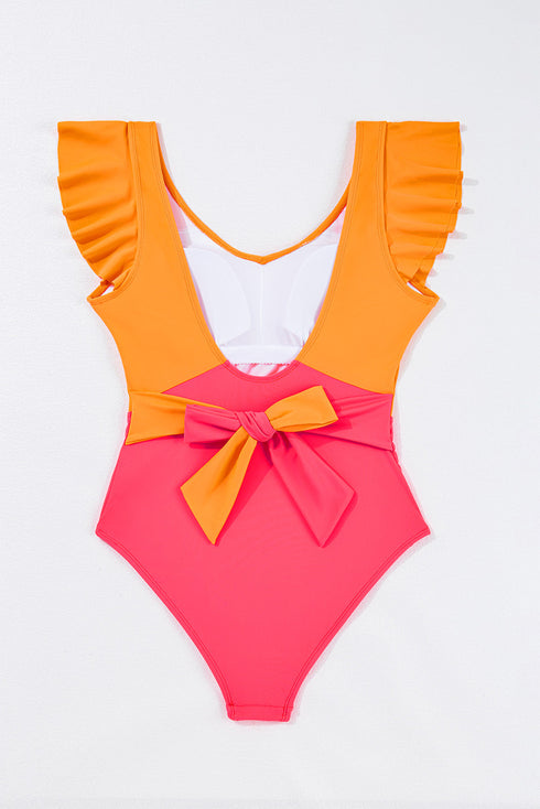 Ruffled Flutter Sleeve Tie Waist One Piece Swimsuit