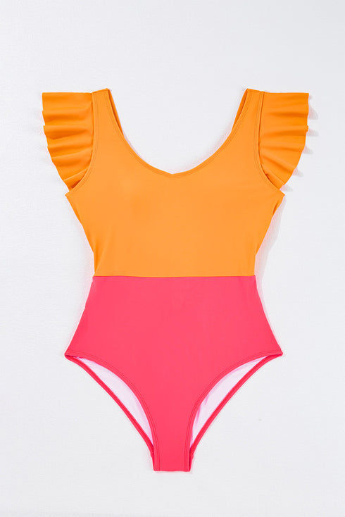 Ruffled Flutter Sleeve Tie Waist One Piece Swimsuit