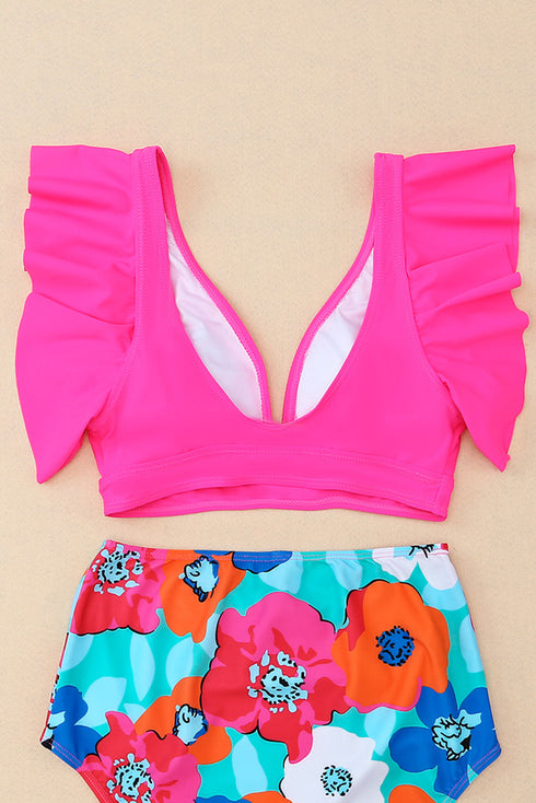 Ruffled Flutter Sleeve V Neck Banded Bikini Top
