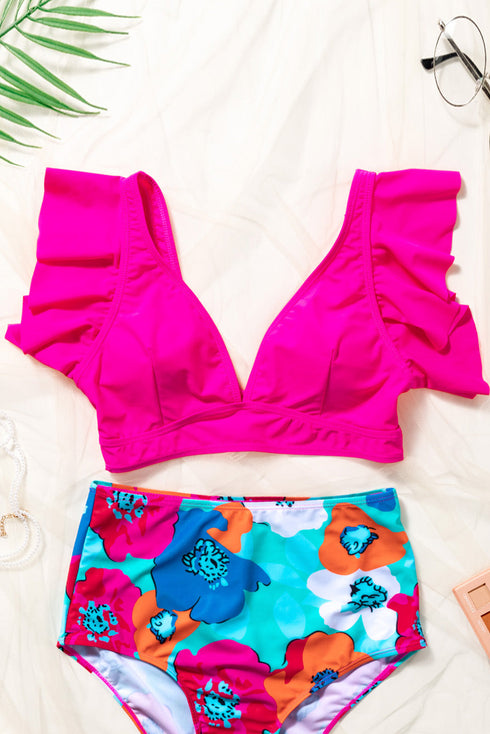 Ruffled Flutter Sleeve V Neck Banded Bikini Top