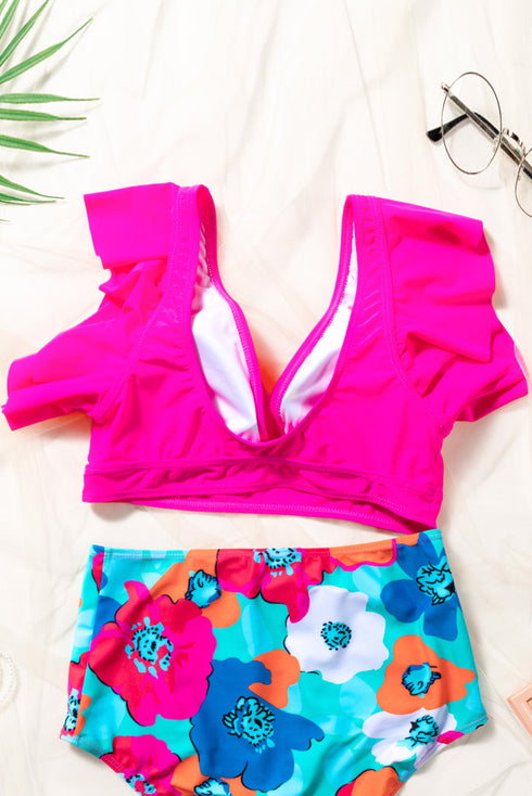 Ruffled Flutter Sleeve V Neck Banded Bikini Top
