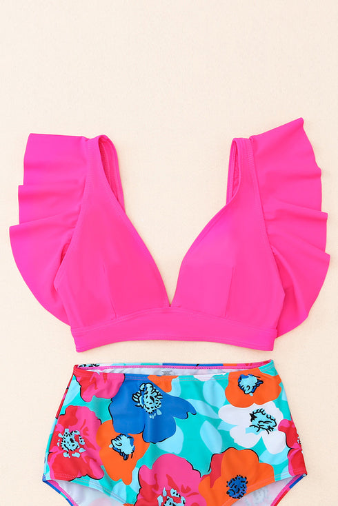 Ruffled Flutter Sleeve V Neck Banded Bikini Top