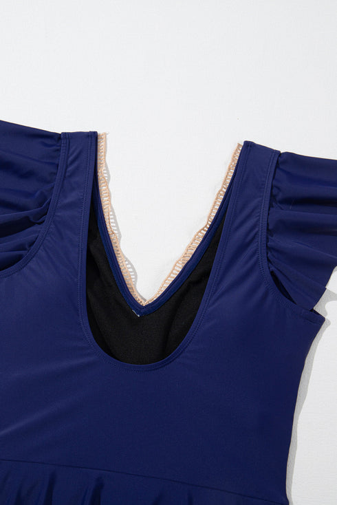 Ruffled Lace Trim Short Sleeve V Neck Swim Dress