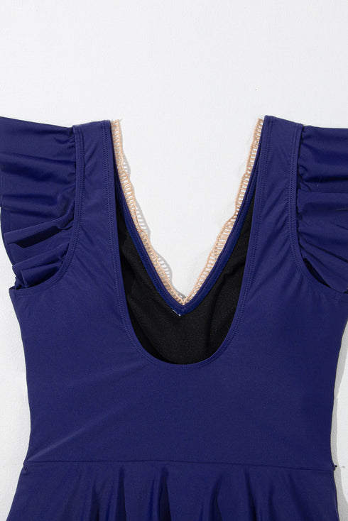 Ruffled Lace Trim Short Sleeve V Neck Swim Dress