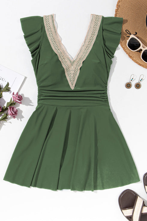 Ruffled Lace Trim Short Sleeve V Neck Swim Dress