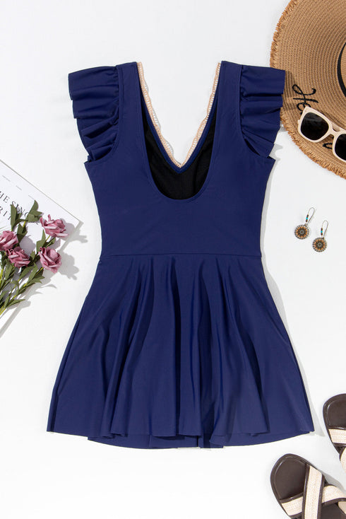 Ruffled Lace Trim Short Sleeve V Neck Swim Dress