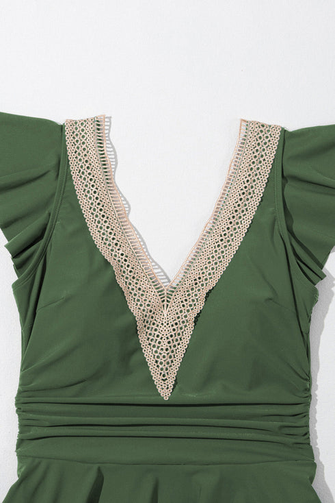 Ruffled Lace Trim Short Sleeve V Neck Swim Dress